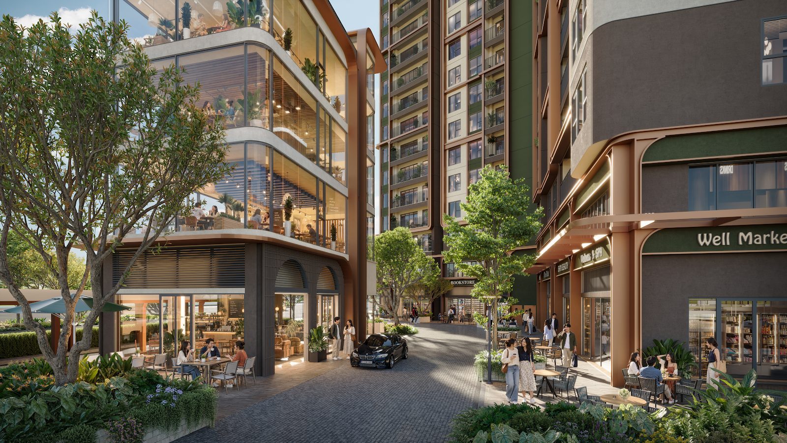Dãy shop thương mại tại Norton Park với lối đi bộ rợp bóng cây