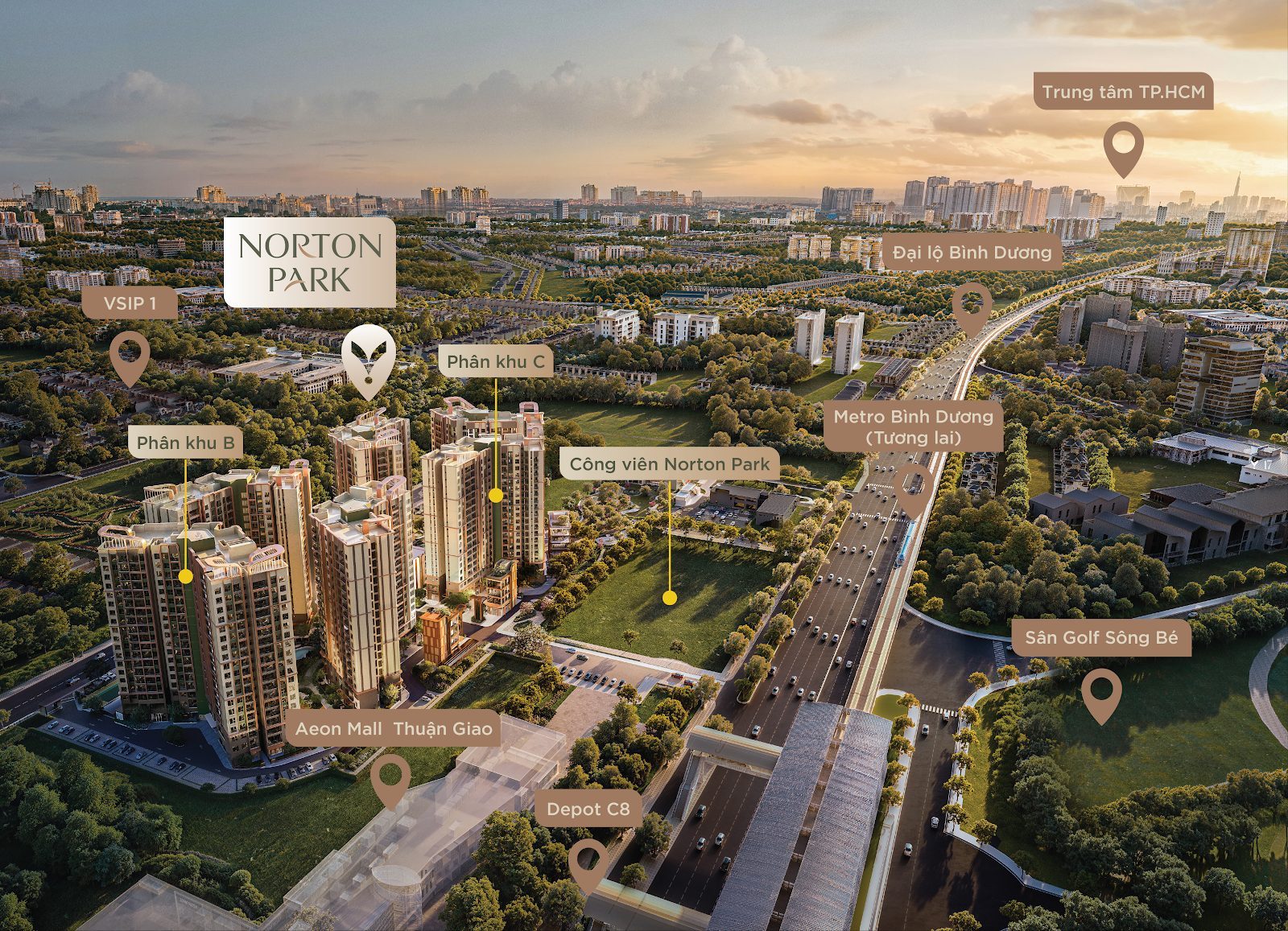 Bản đồ vị trí Norton Park cạnh AEON Mall, VSIP 1, sân golf Sông Bé và tuyến metro theo quy hoạch